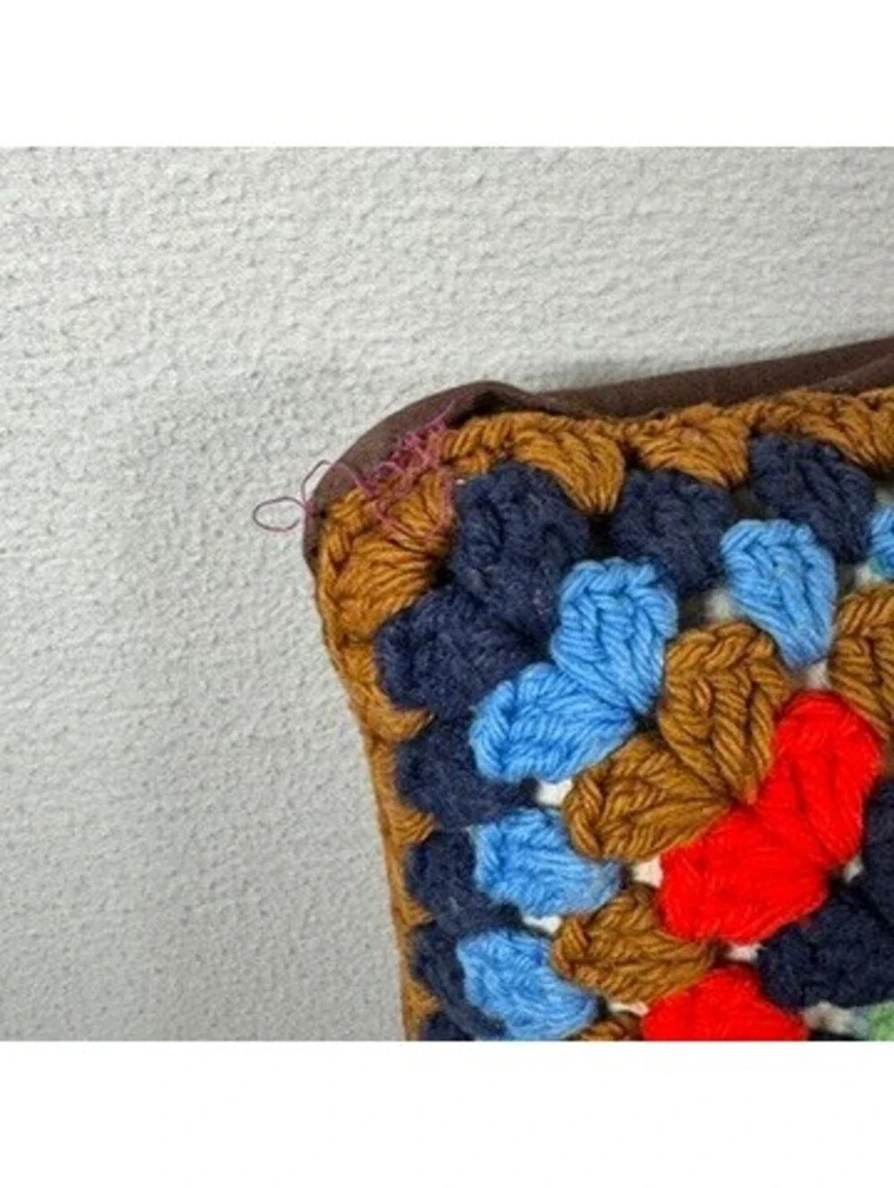 Handmade Multicolor Crochet Granny Square Pillow Brown Fabric Back 12x12 Inches
